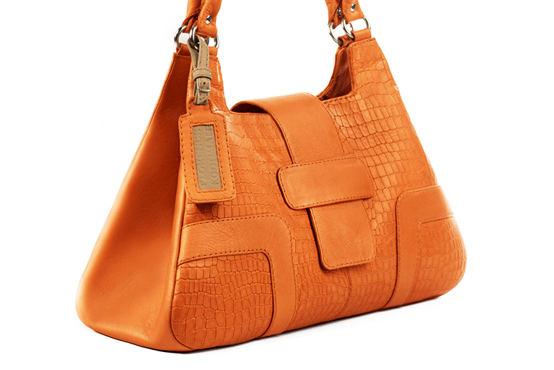 Apricot orange women's dress handbag, matching pumps and belts. Front view - Florence KOOIJMAN